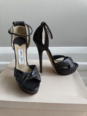 NEW Jimmy Choo Greta 150 Grey Python Ankle Strap Platform Sandals 38
